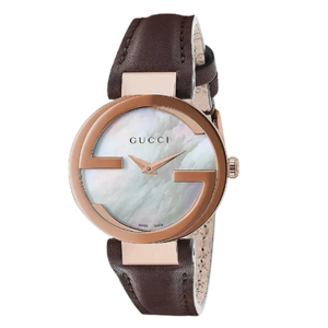Gucci Interlocking-G Brown Leather Strap Mother of Pearl Dial Quartz Watch for Ladies - GUCCI YA 133516