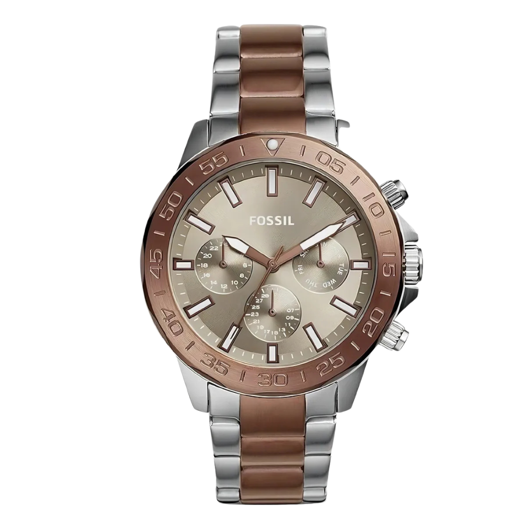 Fossil Bannon Multifunction Two-tone Stainless Steel Brown Dial Chronograph Quartz Watch for Gents - BQ2502
