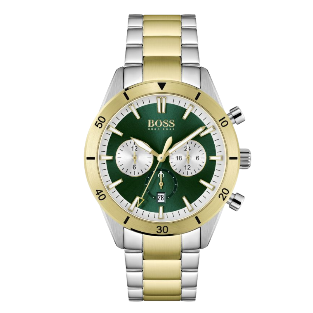 HUGO BOSS Santiago Two-Tone Stainless Steel Green Dial Chronograph Quartz Watch for Gents - 1513872