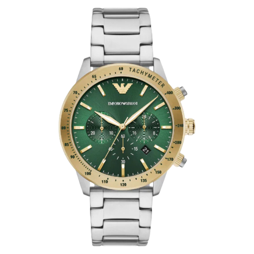 EMPORIO ARMANI Mario Silver Stainless Steel Green Dial Chronograph Quartz Watch for Gents - AR11454