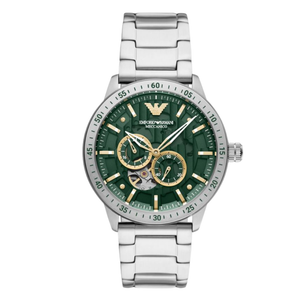 EMPORIO ARMANI Mario Silver Stainless Steel Green Dial Automatic Watch for Gents - AR60053
