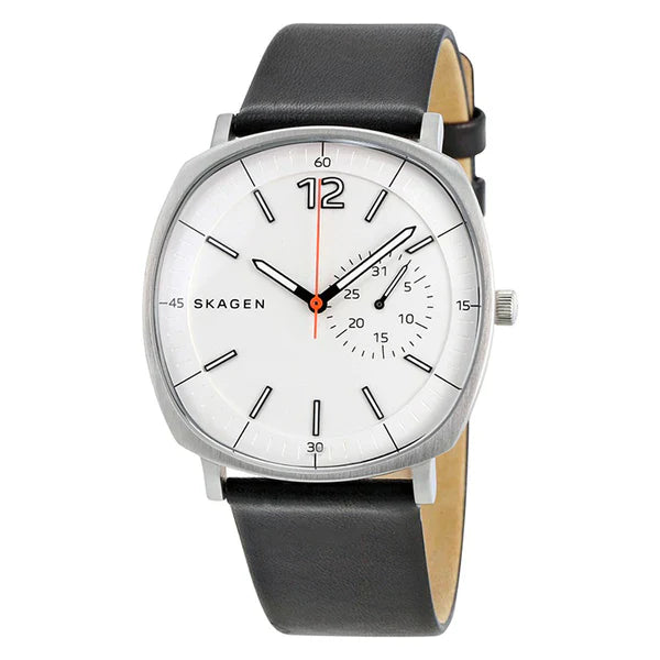 Skagen Rungsted Black Leather Strap White Dial Quartz Watch for Gents - SKW 6256