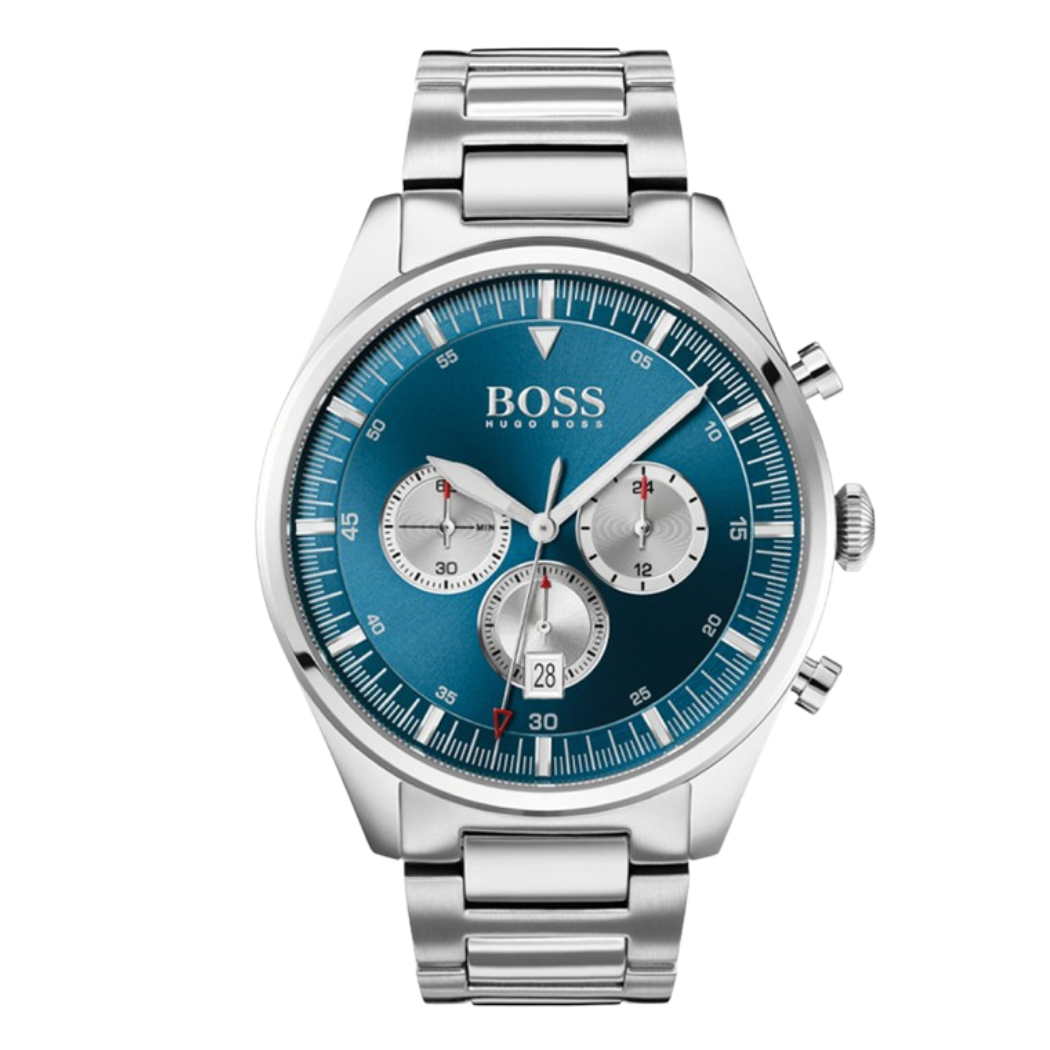 HUGO BOSS Pioneer Silver Stainless Steel Blue Dial Chronograph Quartz Watch for Gents - 1513713