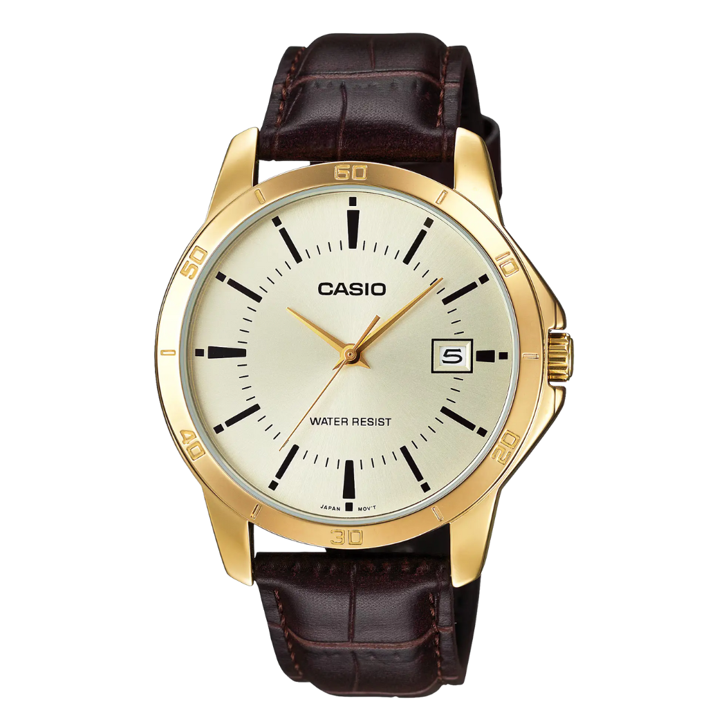 Casio Brown Leather Strap Gold Dial Quartz Watch for Gents - Casio MTP-V004GL-9AUDF AG