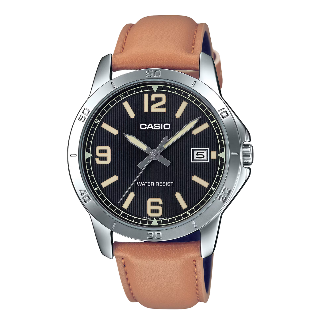 Casio Brown Leather Strap Black Dial Quartz Watch for Gents - Casio MTP-V004L-1B2UDF AG