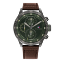 Tommy Hilfiger Trent Brown Leather Strap Green Dial Chronograph Quartz Watch for Gents - 1791809