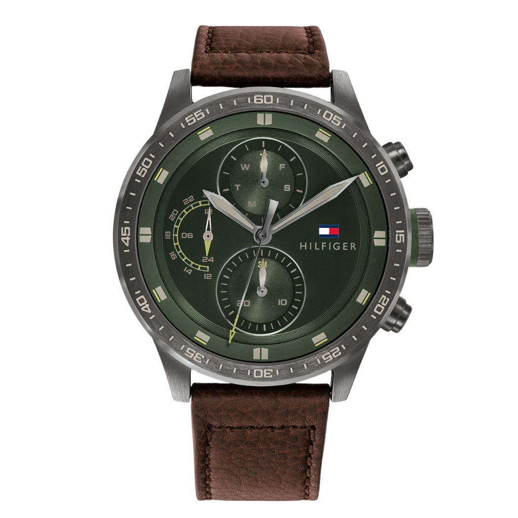 Tommy Hilfiger Trent Brown Leather Strap Green Dial Chronograph Quartz Watch for Gents - 1791809