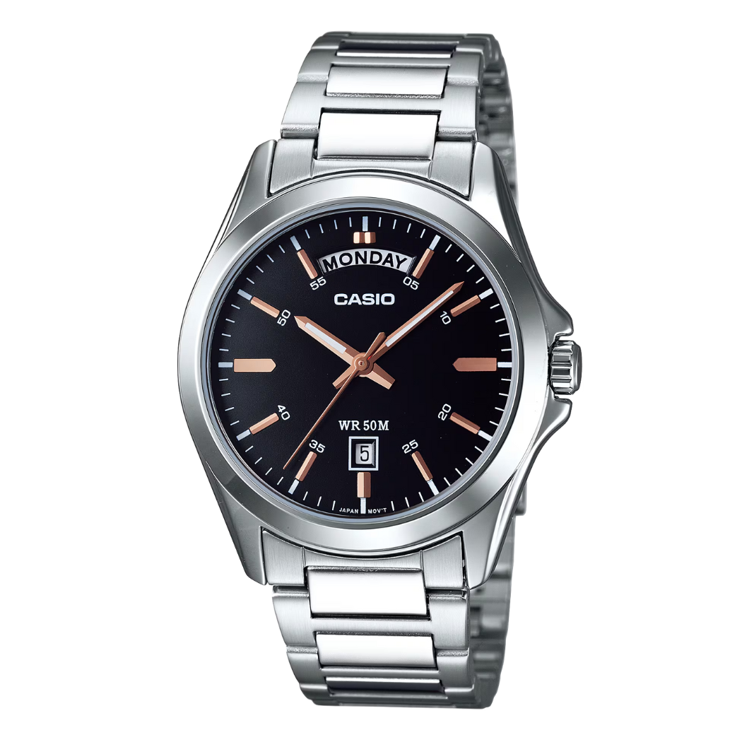 Casio Silver Stainless Steel Black Dial Quartz Watch for Gents - MTP-1370D-1A2VDF