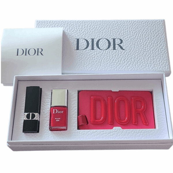 Dior Authentic Gift Set Lipstick Rouge 999+ Vernis Nail Polish 7Ml + 2Travel Bags