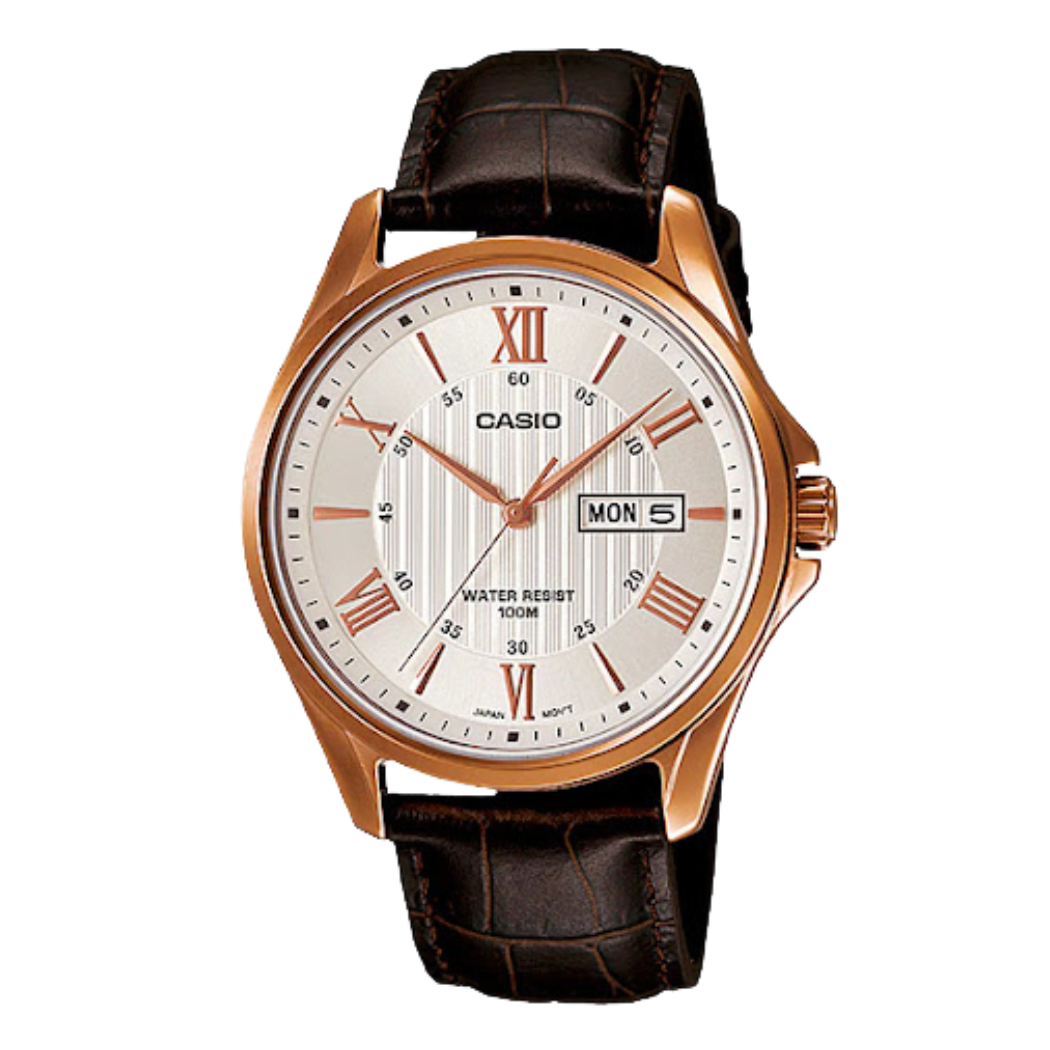 Casio Enticer Brown Leather Strap Silver Dial Quartz Watch for Gents - MTP-1384L-7AVDF
