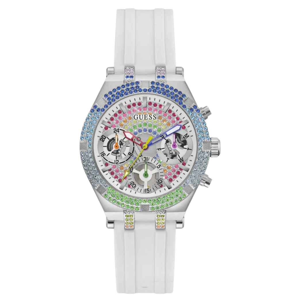 Guess Heiress White Silicone Strap White Dial Chronograph Quartz Watch for Ladies - GW0407L4