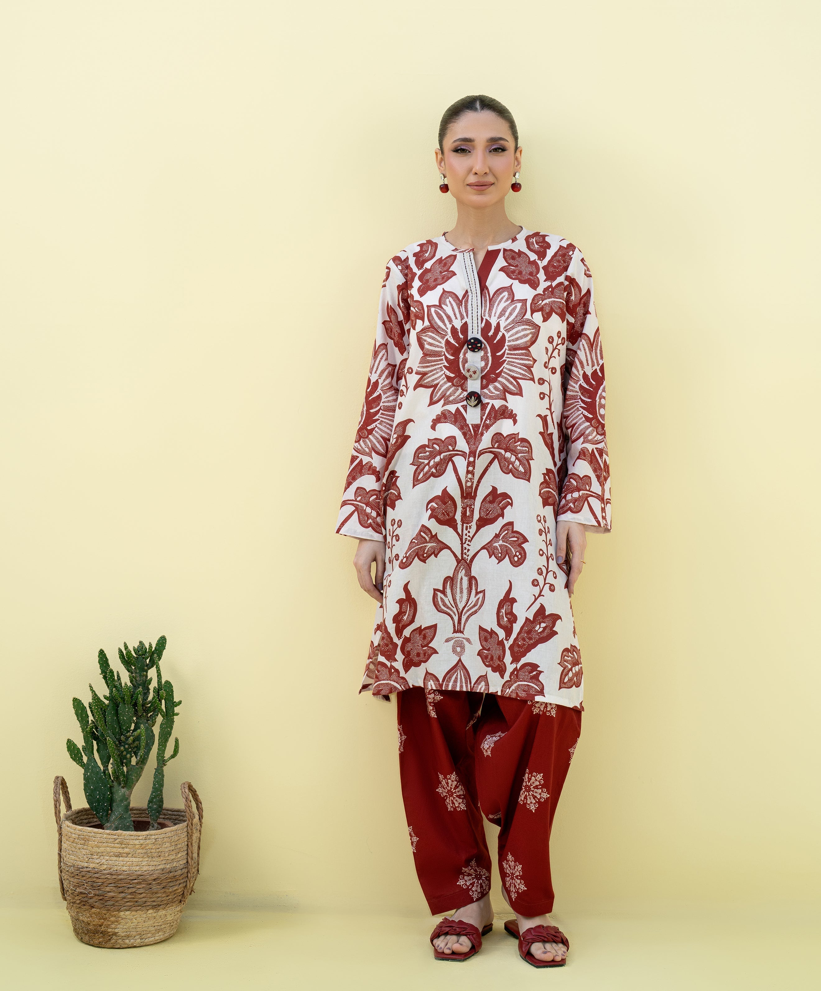 Falling Pretty By Kaanthaa Stitched 2 Piece Summer Suit-Crimson Whirl
