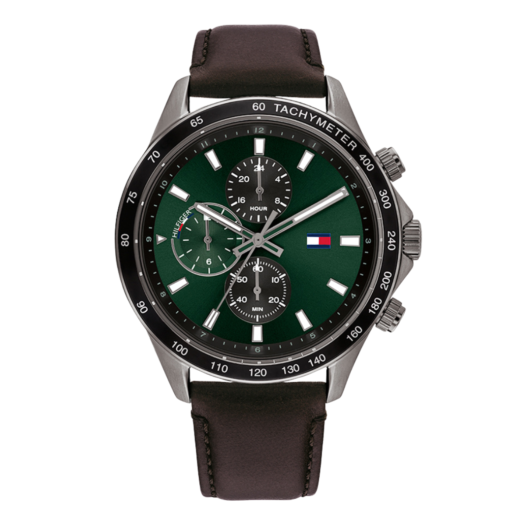 Tommy Hilfiger Miles Brown Leather Strap Green Dial Chronograph Quartz Watch for Gents - 1792017
