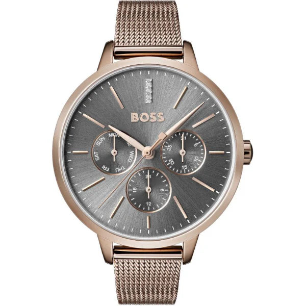 HUGO BOSS Symphony Gold Mesh Bracelet Grey Dial Quartz Watch for Ladies - 1502424