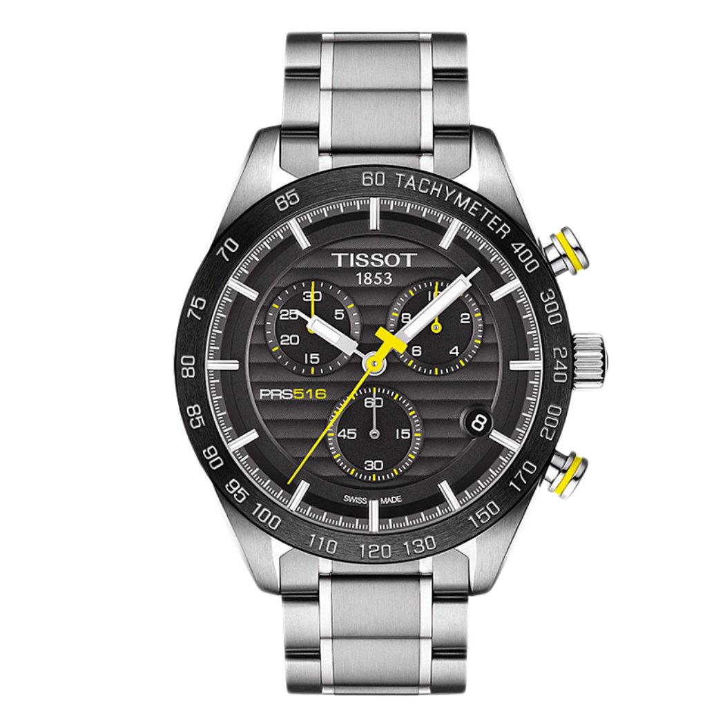 Tissot PRS 516 Silver Stainless Steel Black Dial Chronograph Quartz Watch for Men's - T.100.417.11.051.00