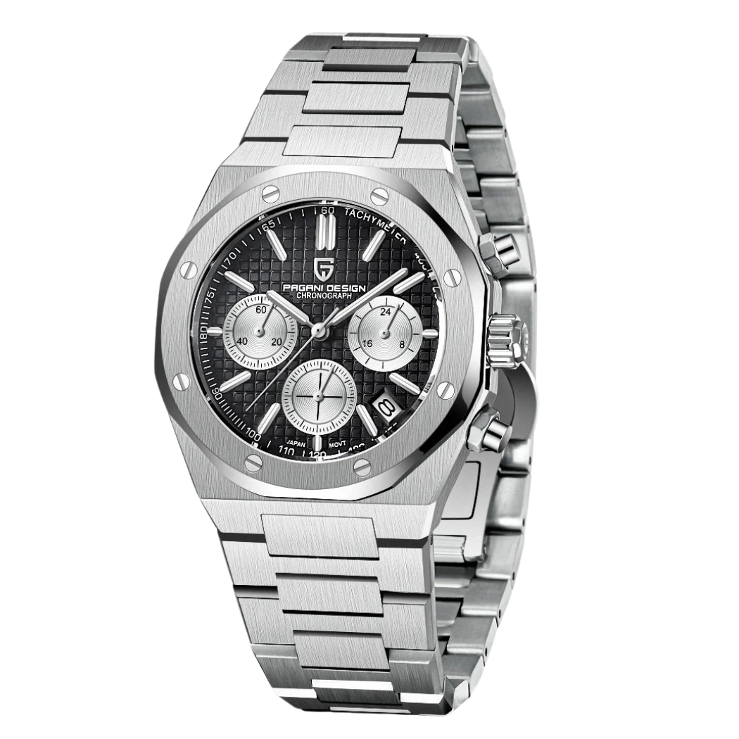 Pagani Design Silver Stainless Steel Black Dial Quartz Watch for Gents - PD1707