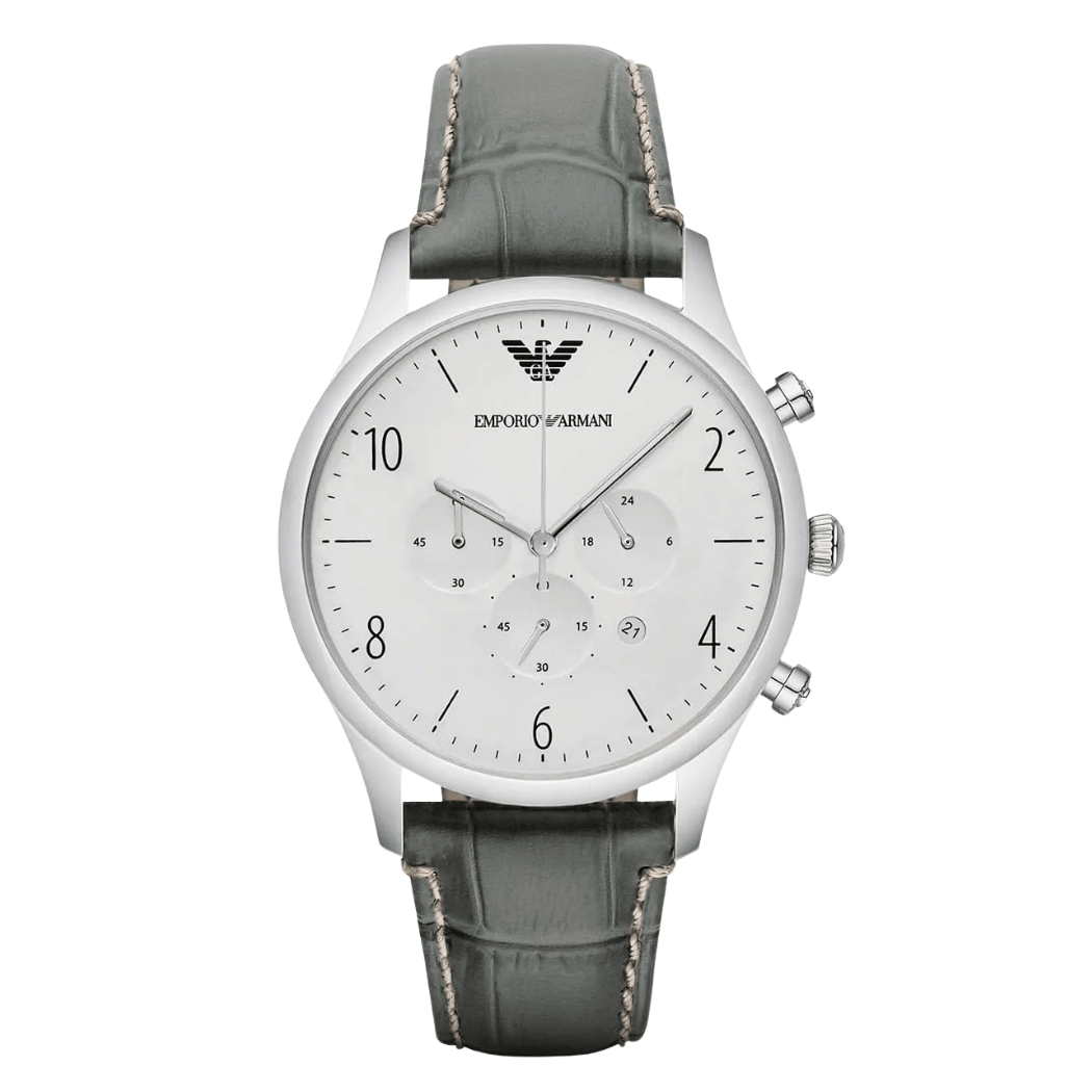 Emporio Armani Classic Black Leather Strap Silver Dial Chronograph Quartz Watch for Gents - AR1861