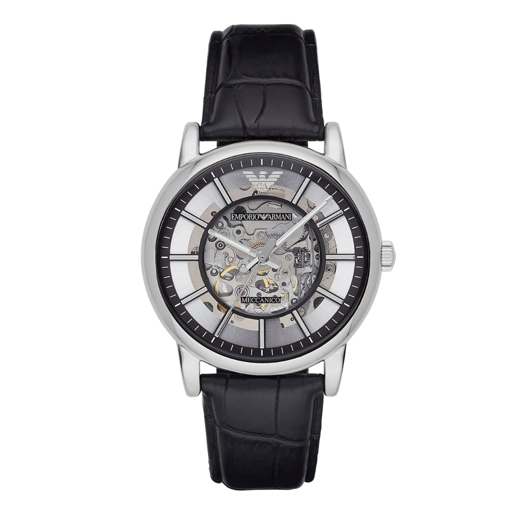 Emporio Armani Meccanico Blue Leather Strap Skeleton Dial Automatic Watch for Gents - AR1981
