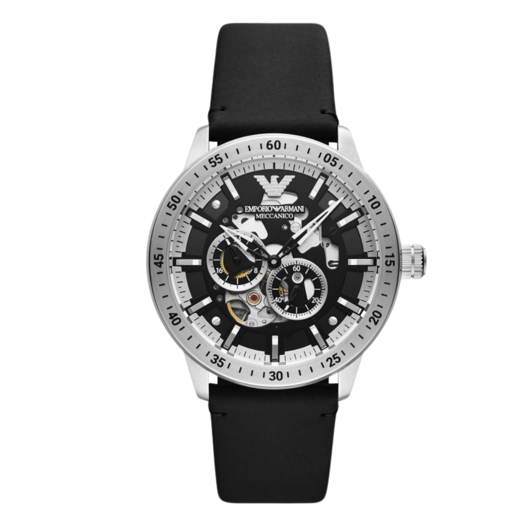 Emporio Armani Meccanico Black Leather Strap Skeleton Dial Automatic Watch for Gents - AR60051
