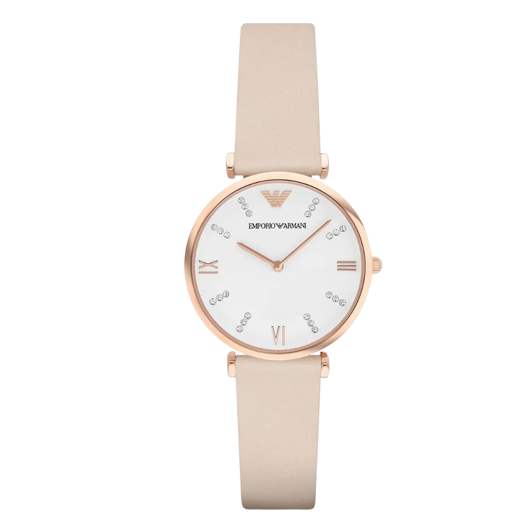 Emporio Armani Retro Cream Leather Strap White Dial Quartz Watch for Ladies - AR1927
