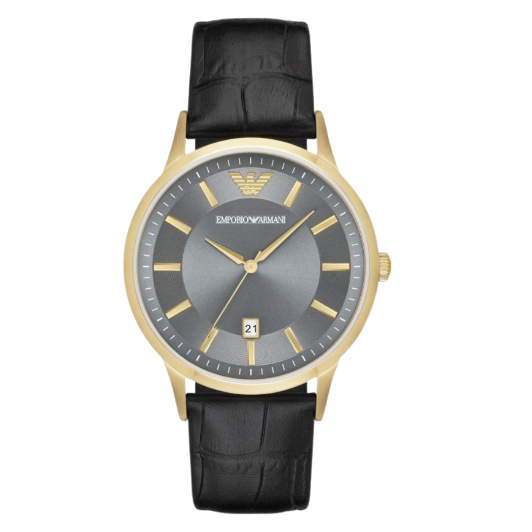 EMPORIO ARMANI Classic Black Leather Strap Grey Dial Quartz Watch for Gents - AR11049