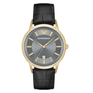 EMPORIO ARMANI Classic Black Leather Strap Grey Dial Quartz Watch for Gents - AR11049