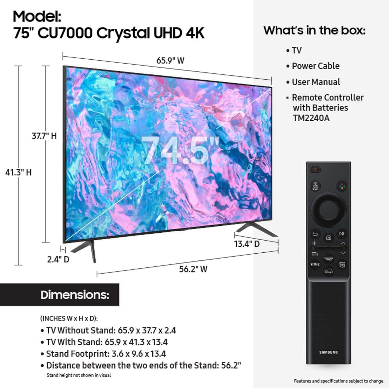 SAMSUNG TV Crystal 75 Inchs Smart OS With Built in Receiver Ultra HD – 4K Model 75CU7000 - My Store