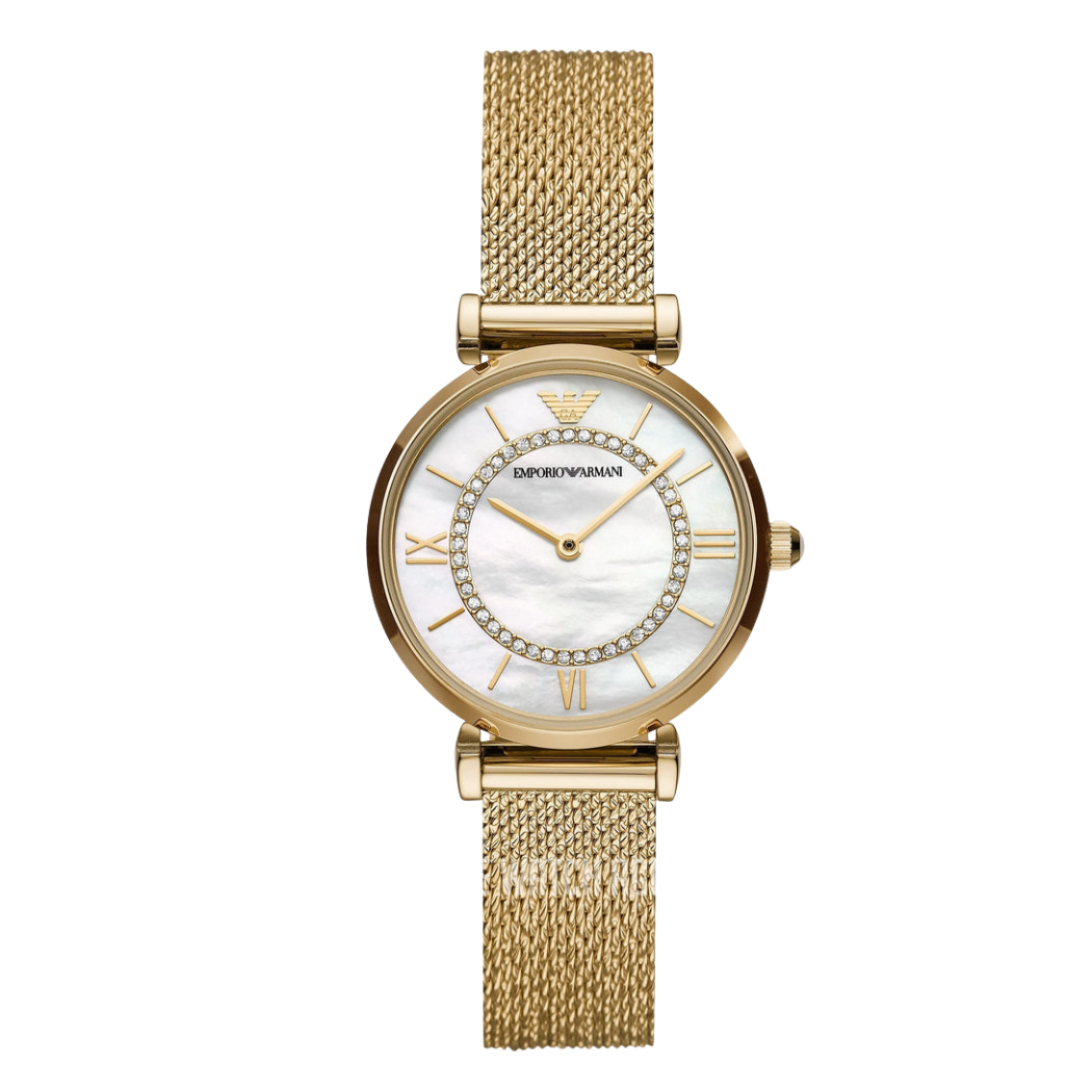 Emporio Armani Gianni T-Bar Gold Mesh Bracelet Mother Of Pearl Dial Quartz Watch for Ladies - AR11321