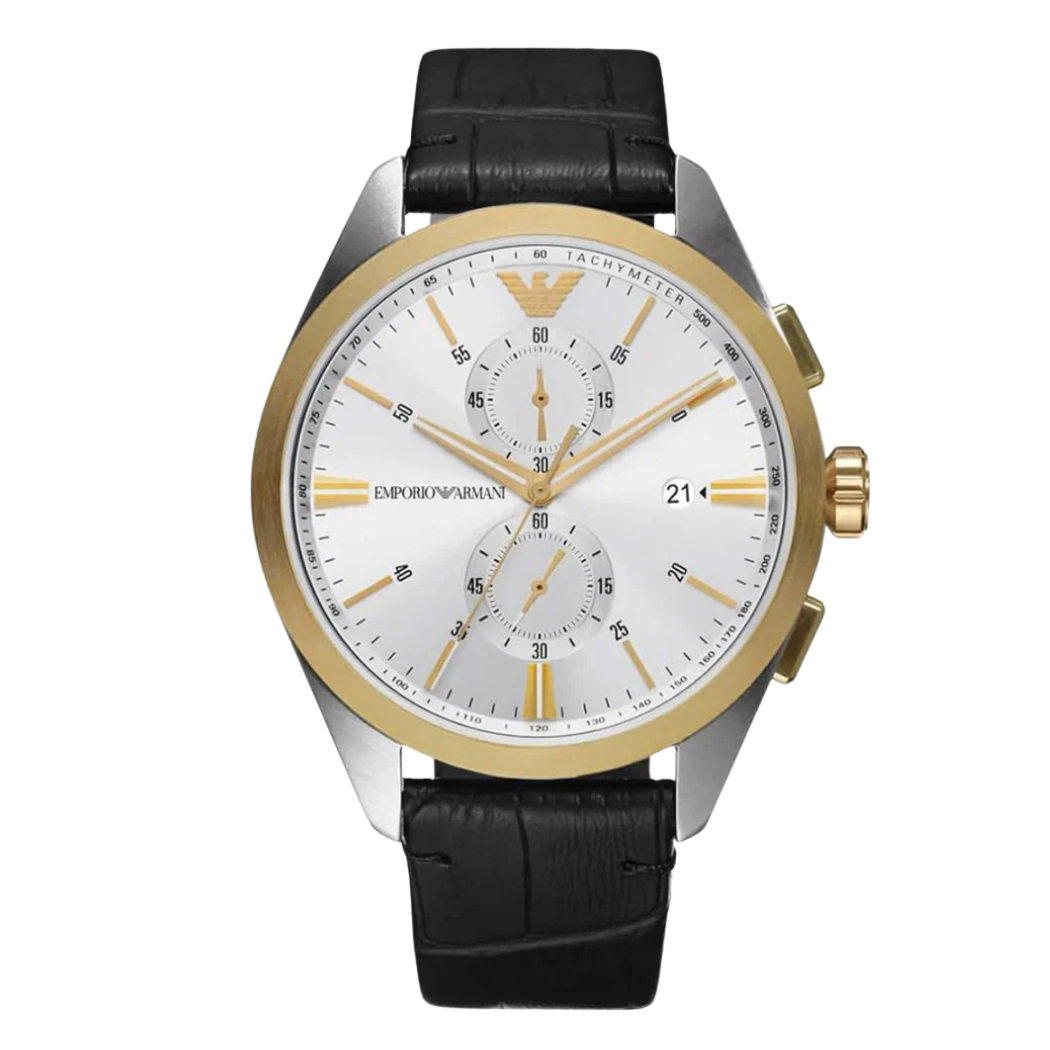 Emporio Armani Claudio Black Leather Strap Silver Dial Chronograph Quartz Watch for Gents - AR11498