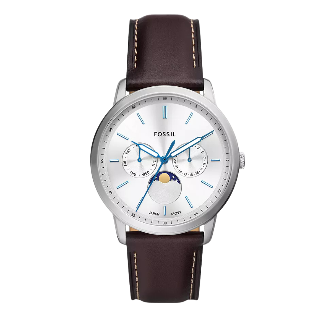 Fossil Moonphase Brown Leather Strap Silver Dial Quartz Watch for Gents - FS5905