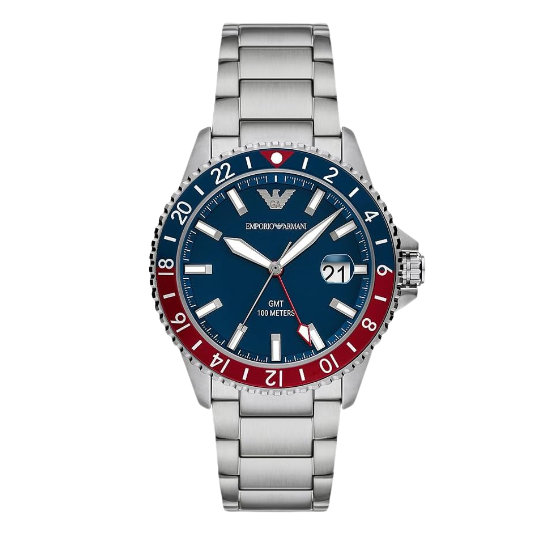 Emporio Armani GMT Silver Stainless Steel Blue Dial Quartz Watch for Gents - AR11590