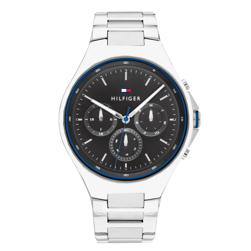 Tommy Hilfiger Justin Silver Stainless Steel Black Dial Chronograph Quartz Watch for Gents - 1792054