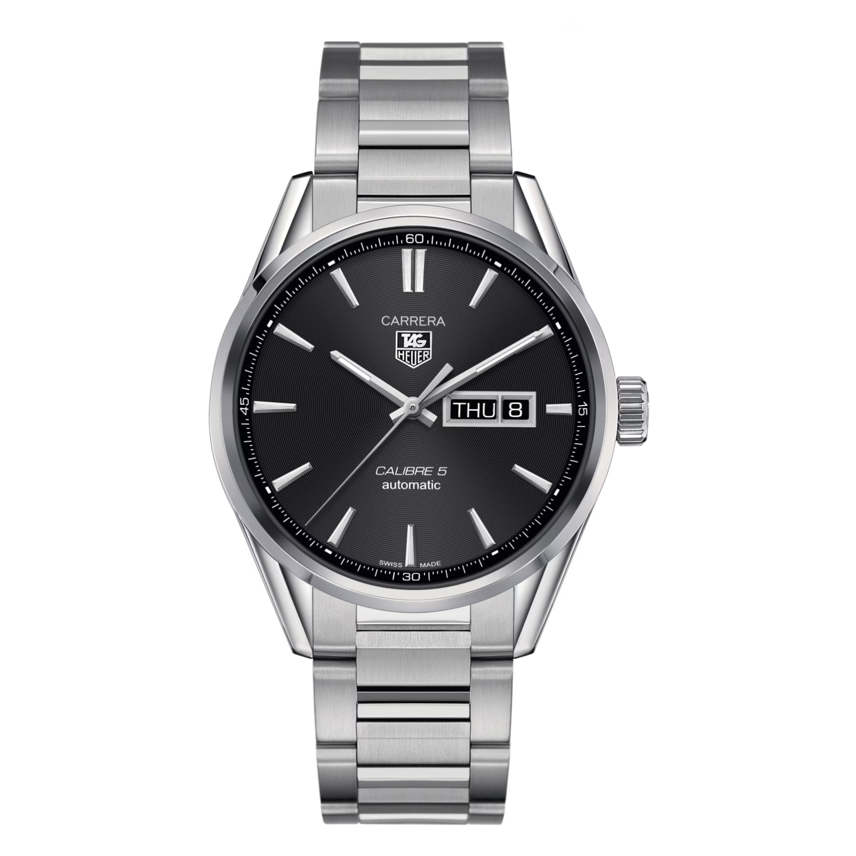 Tag Heuer Carrera Calibre 5 Silver Stainless Steel Black Dial Automatic Watch for Gents - WAR201A.BA0723