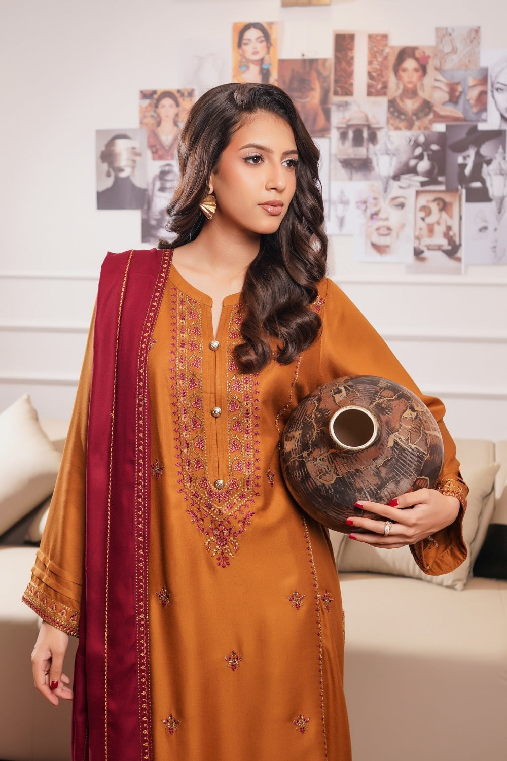 Modern Modesty By G Basics Gulmina Stitched 3 Piece Winter Suit-GOLDEN GLOW (3PC)