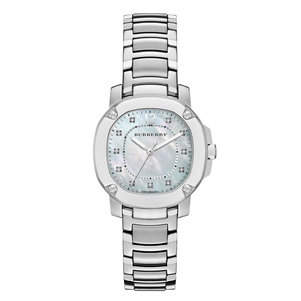 Burberry Britain Silver Stainless Steel Mother Of Pearl Dial Quartz Watch for Ladies - BBY 1804