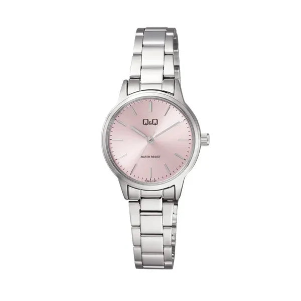 Q&Q Silver Stainless Steel Pink Dial Quartz Watch for Ladies - Q969202Y