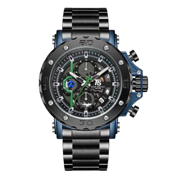 T5 Black Stainless Steel Grey Dial Chronograph Quartz Watch for Gents - H3723G-J