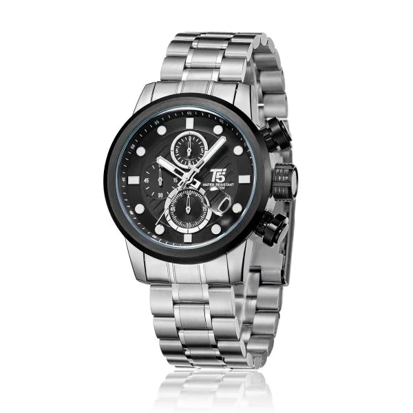 T5 Silver Stainless Steel Black Dial Chronograph Quartz Watch for Gents - H3587G-C
