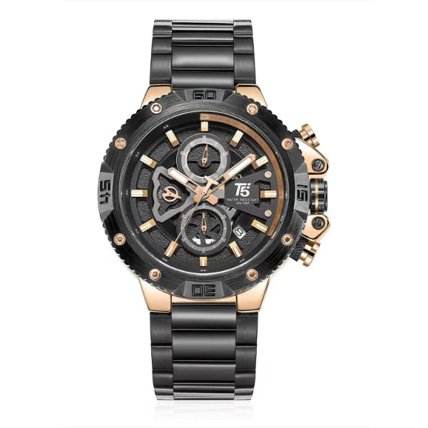 T5 Black Stainless Steel Black Dial Chronograph Quartz Watch for Gents - H3705G-D