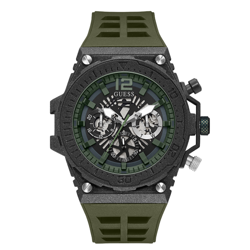 Guess Exposure Olive Green Silicone Black Dial Quartz Watch for Gents - GW0325G2