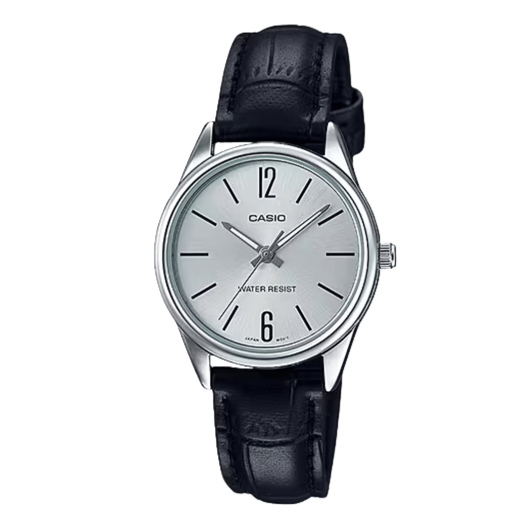 Casio Black Leather Strap Silver Dial Quartz Watch for Ladies - LTP-V005L-7BUDF