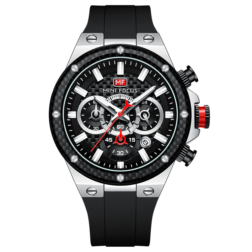 Mini Focus Black Silicone Strap Black Dial Chronograh Quartz Watch for Gents - MF0468G-01