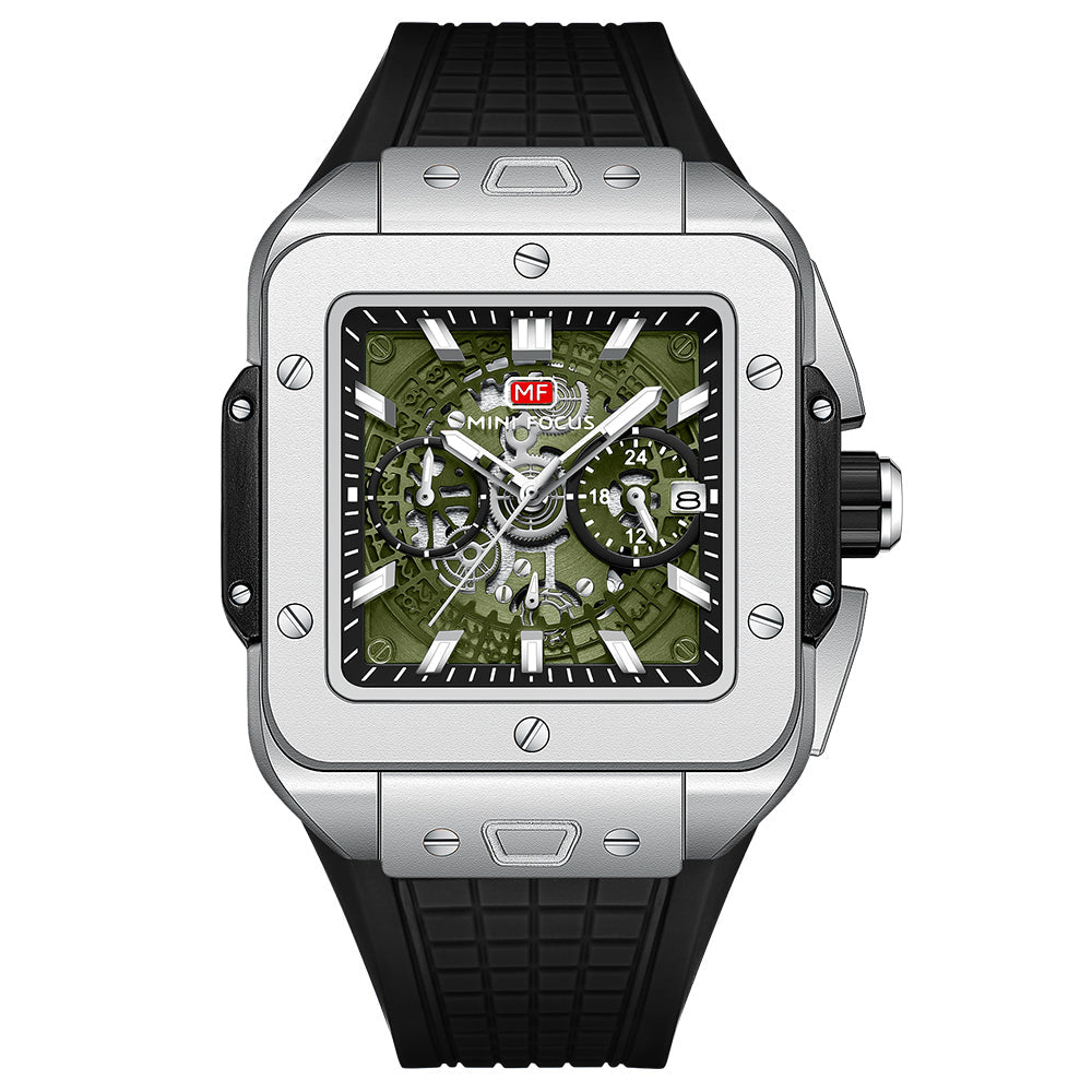 Mini Focus Black Silicone Strap Green Dial Chronograph Quartz Watch for Gents - MF0475G-01