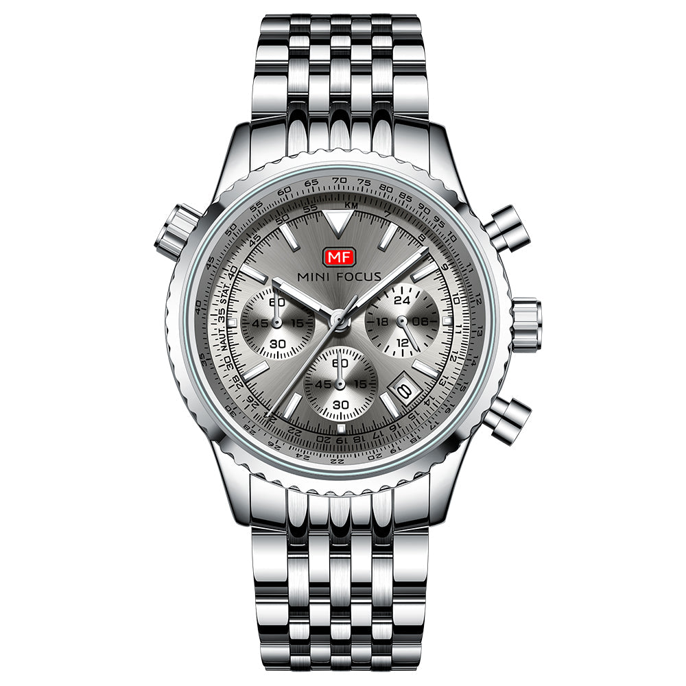 Mini Focus Silver Stainless Steel Grey Dial Chronograh Quartz Watch for Gents - MF0463G-01