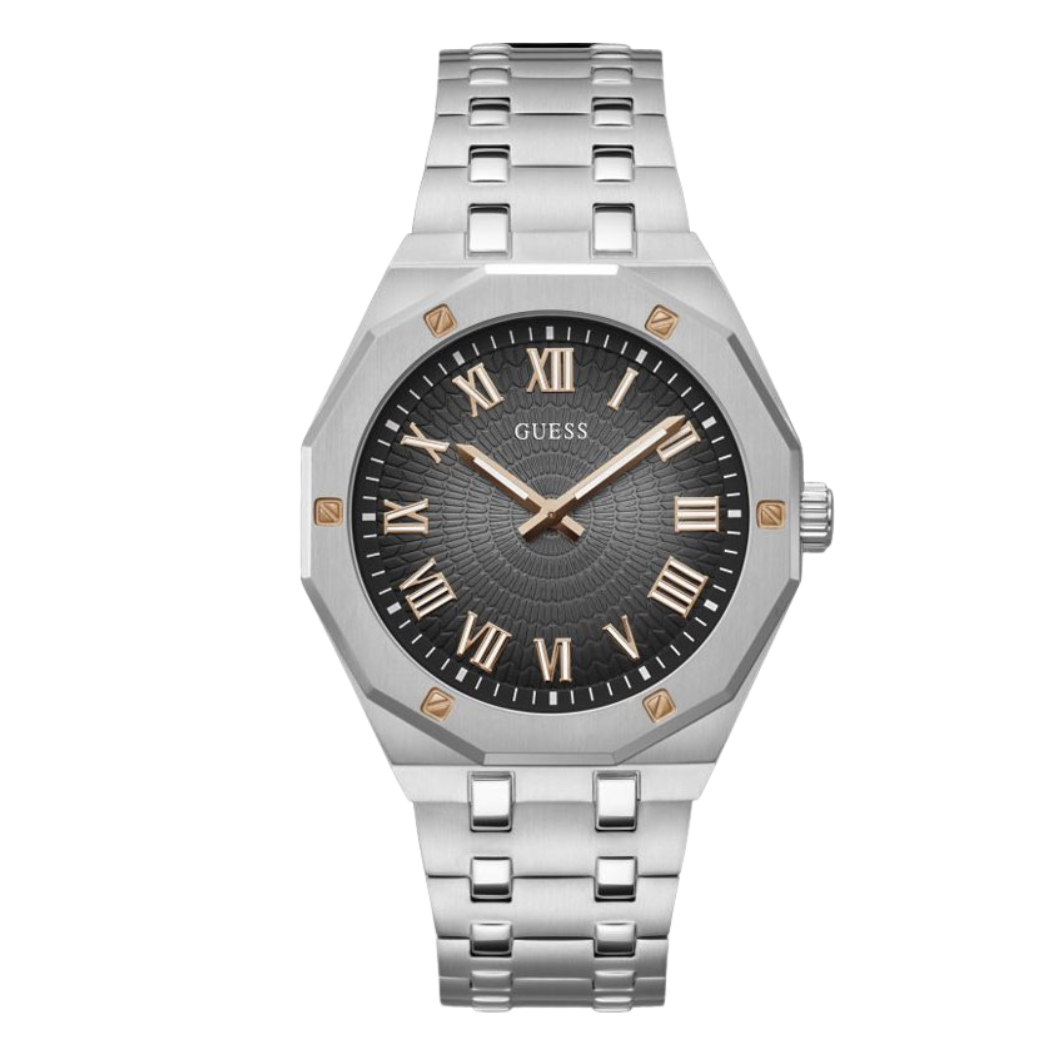 Guess Silver Stainless Steel Black Dial Quartz Watch for Gents - GW0575G1