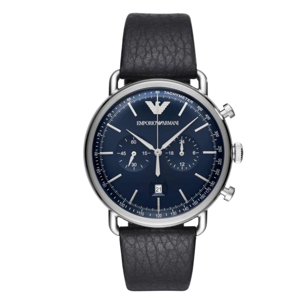 Emporio Armani Black Leather Strap Blue Dial Chronograph Quartz Watch for Ladies - AR 11105