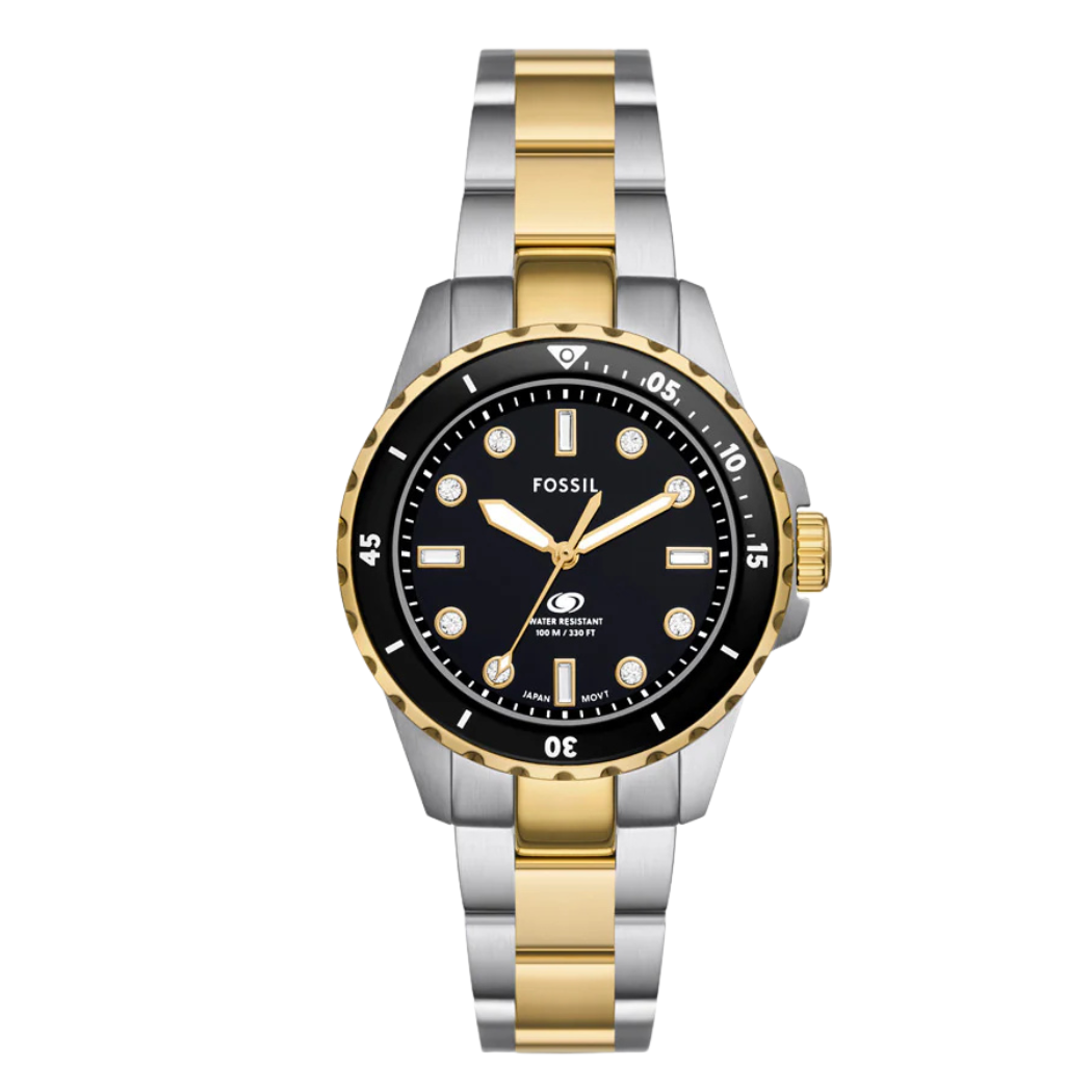 Fossil Two-tone Stainless Steel Black Dial Blue Dive Quartz Watch for Ladies - ES5349