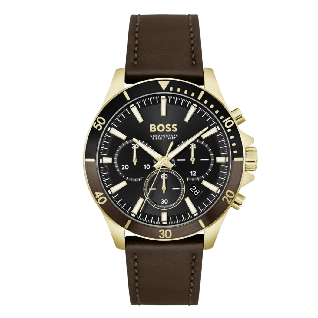 Hugo Boss Brown Leather Strap Black Dial Chronograph Quartz Watch for Gents - Hugo Boss 1514100