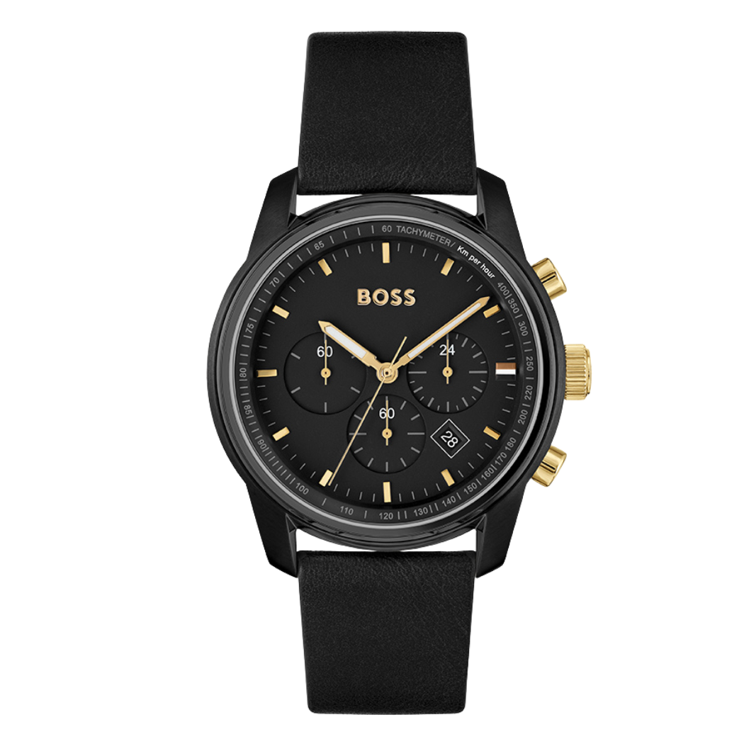 Hugo Boss Black Leather Strap Black Dial Chronograph Quartz Watch for Gents - Hugo Boss 1514003