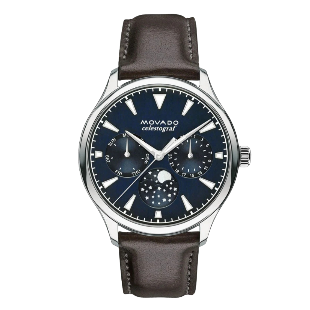 Movado Brown Leather Strap Navy Blue Dial Quartz Watch for Ladies - Movado 3650009